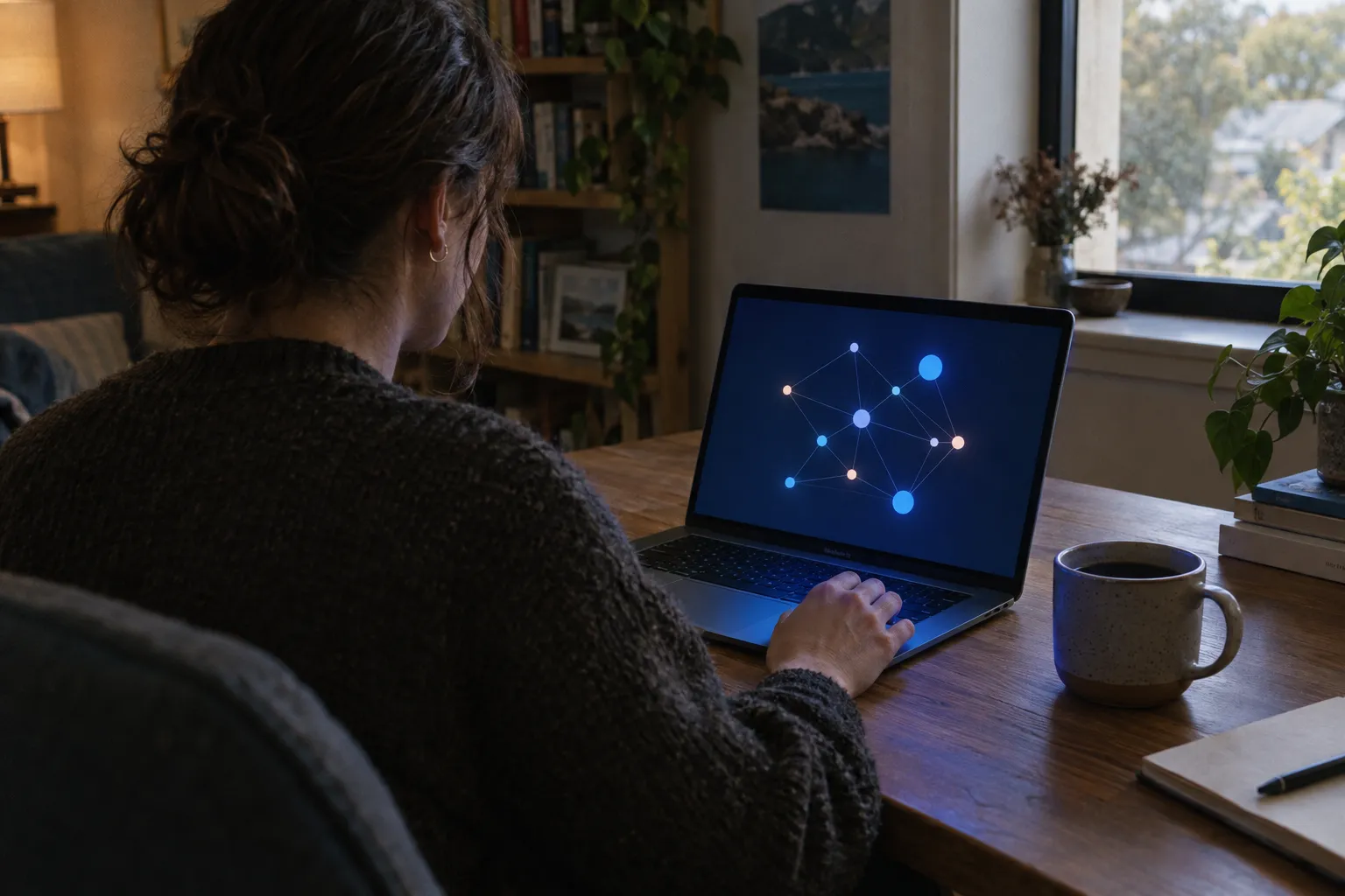 A person reviewing a simple workflow diagram on a laptop