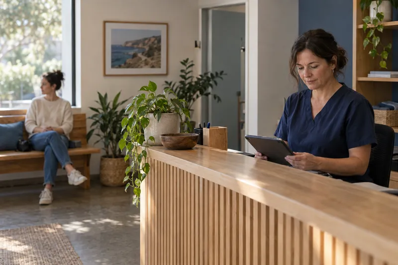 A clinic receptionist reviewing a tablet at the front desk