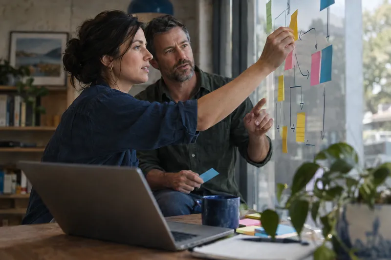 A consultant and business owner mapping a workflow with sticky notes