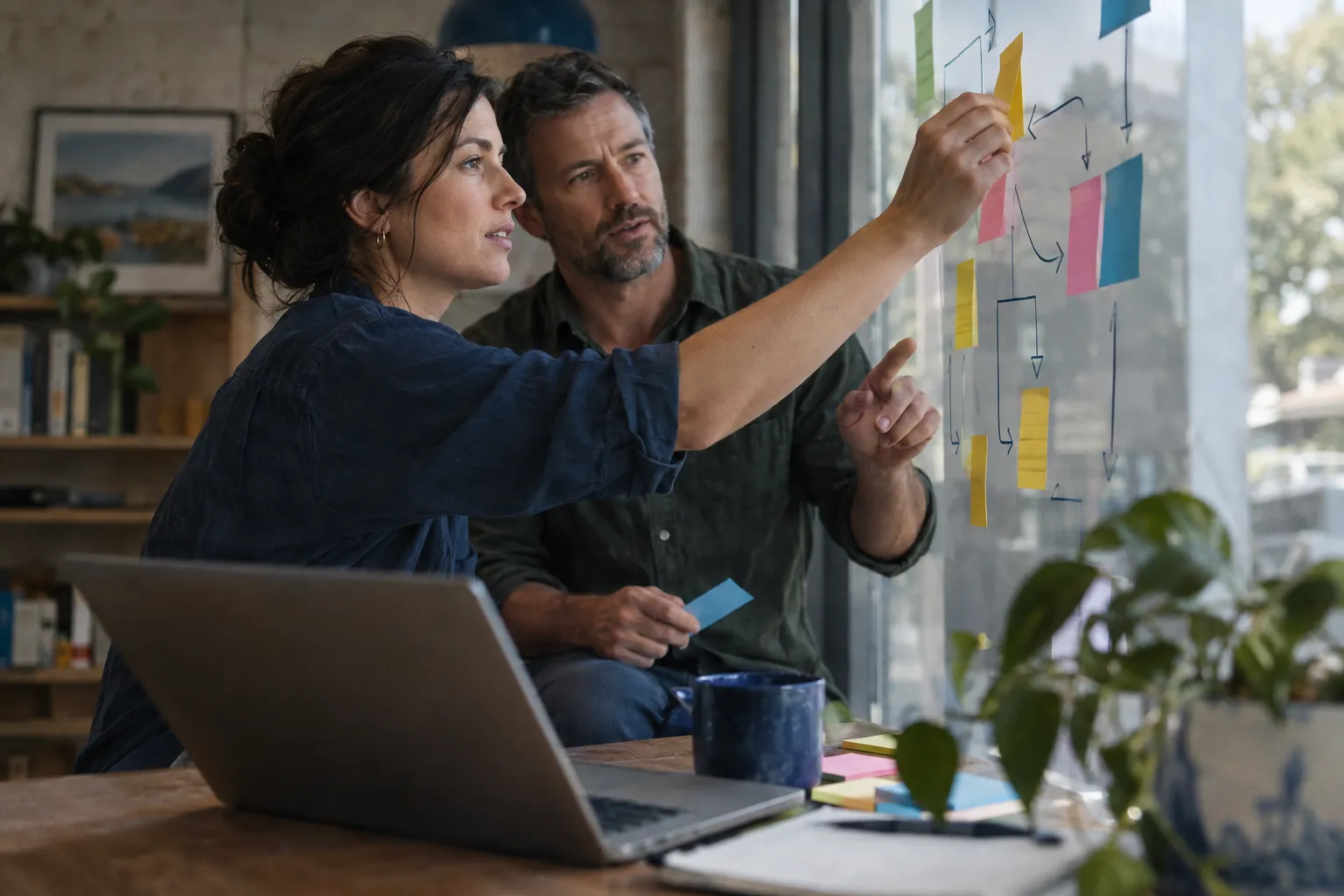 A consultant mapping a business workflow with a client team