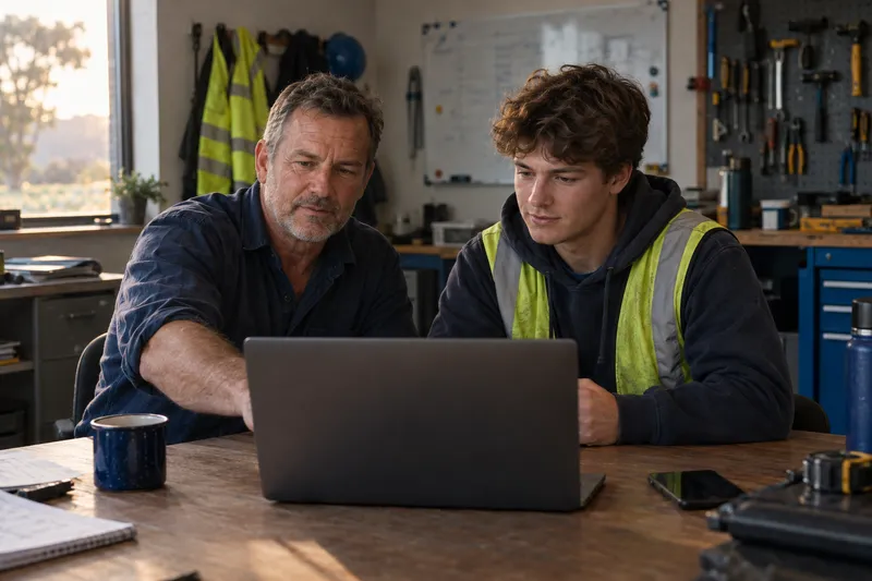 A trades business owner and apprentice reviewing a schedule on a laptop