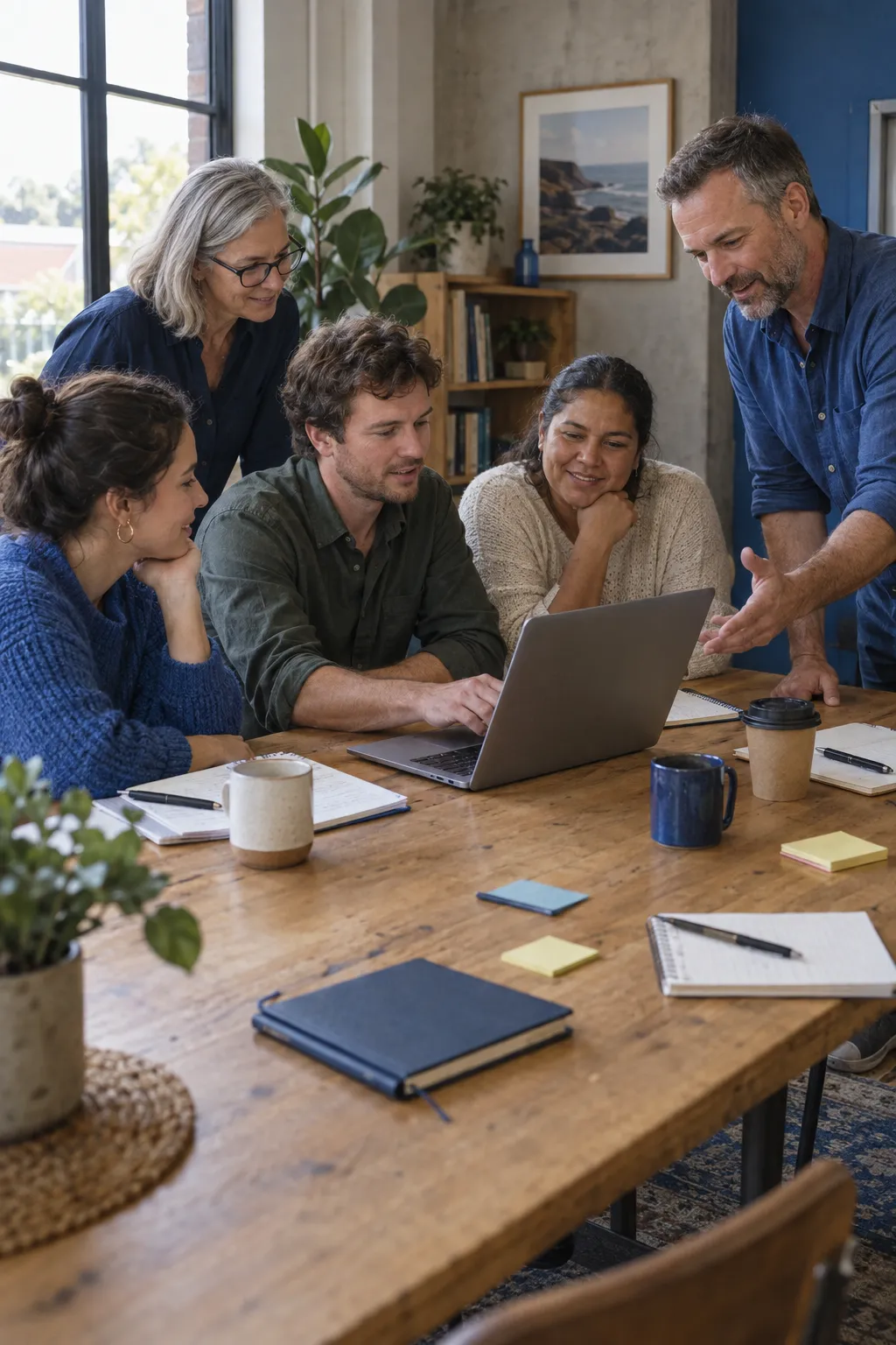 A small business team learning to use AI tools together around a table